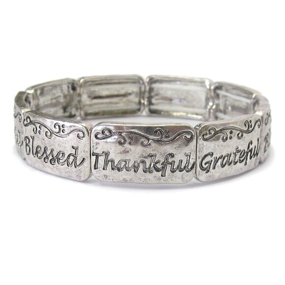 1/2" Wide Thankful Grateful Blessed Silver Inspirational Stretch Bracelet - Picture 1 of 2